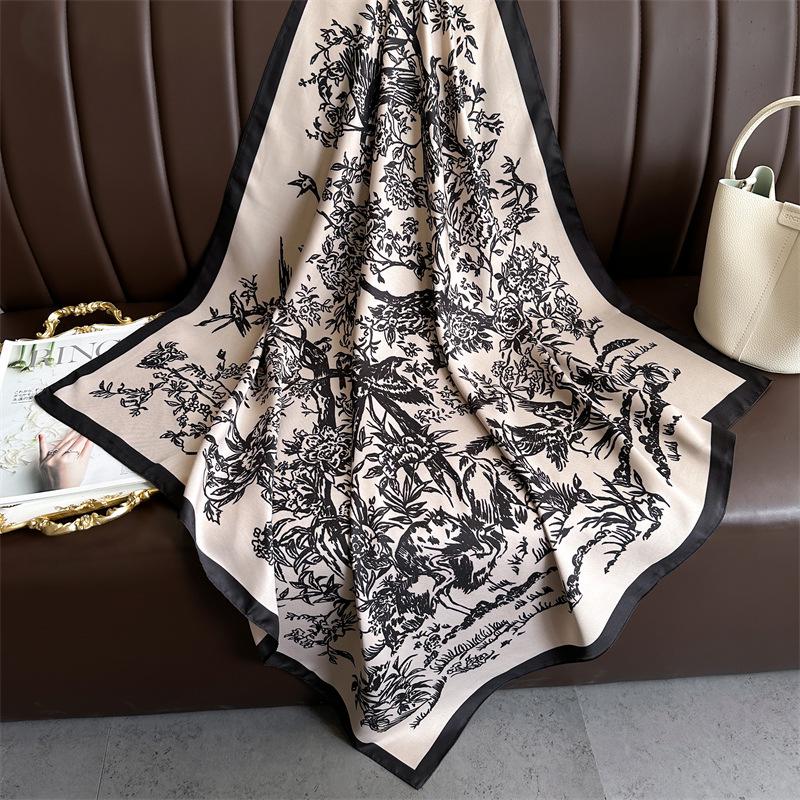 Women's Retro Twill Silk Scarf - 90cm Versatile Shawl for Travel & Sun Protection