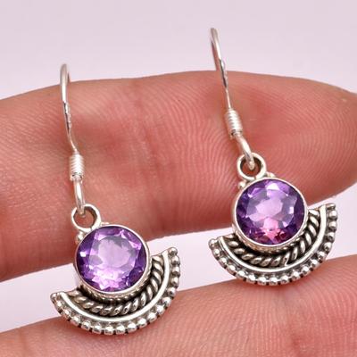 Solid 100% 925 Sterling Silver February Birthstone Jewelry Amethyst Gemstone Women Dangle Earring