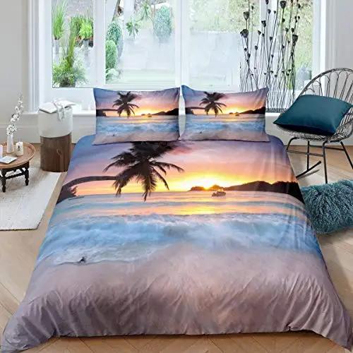 Strand Påslakanset Twin för Barn Ocean Sängkläder Set Sängkläder Hawaiskt Tropiskt Tryckt Mikrofiber Polyester Täcke Överdrag