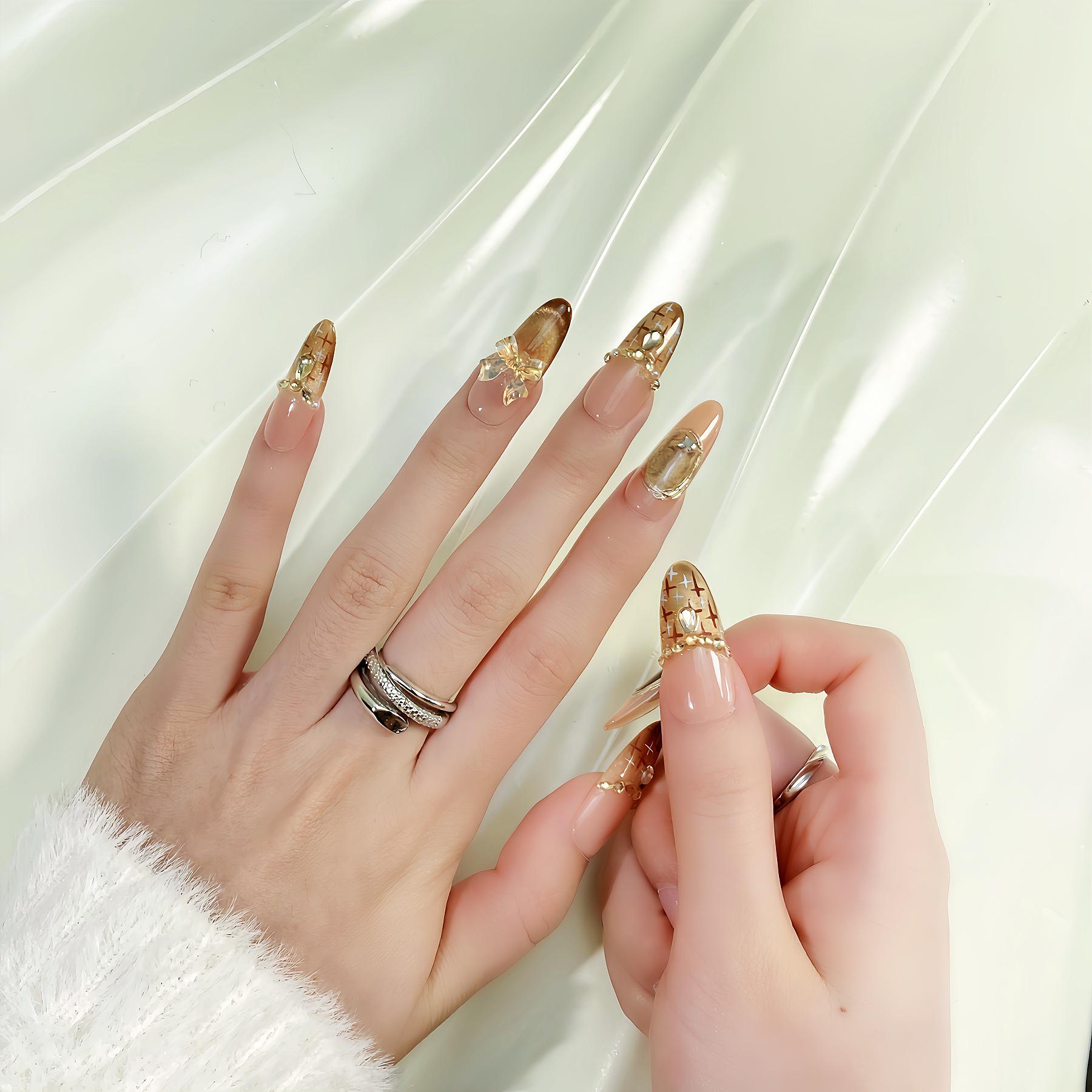 High-End Retro Cat Eye Press-On Nails with 3D Bow & Rhinestones