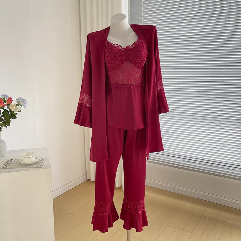 Wiosenno-jesienna trzyczęściowa piżama, seksowna koronkowa odzież domowa, casualowa satynowa piżama, damska bielizna, odzież domowa