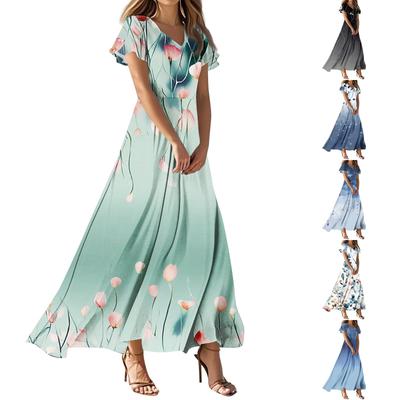 Damen Casual Mode Print Lange Kleider V-Ausschnitt Kurzarmkleider
