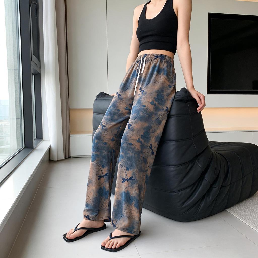 Black & White Striped Wide-Leg High-Waist Summer Pants for Women - Ink Painting Style, Slim Fit, Loose Draped Ice Silk Casual Trousers.