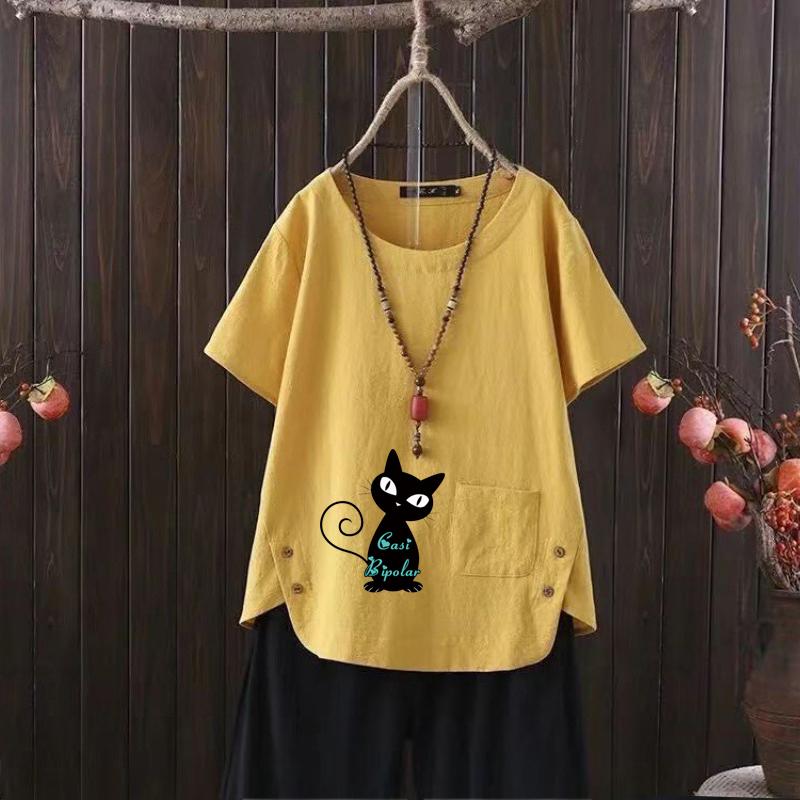 Women's Fashion Black Cat Prined Summer Casual Loose Short Sleeve T-shirt Summer Blouse Tops