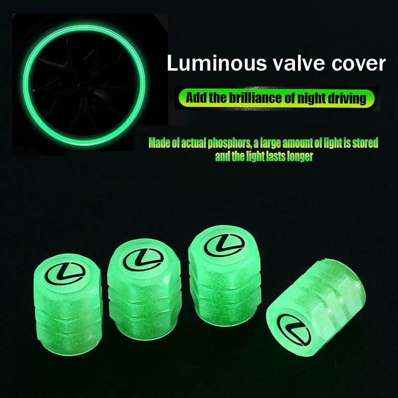 4Pcs Luminous Car Tire Valve Cap For Lexus RX330 IS250 GS300 Fluorescent Night Glowing Decor Wheel Dustproof Tyre Valve Stem Cap