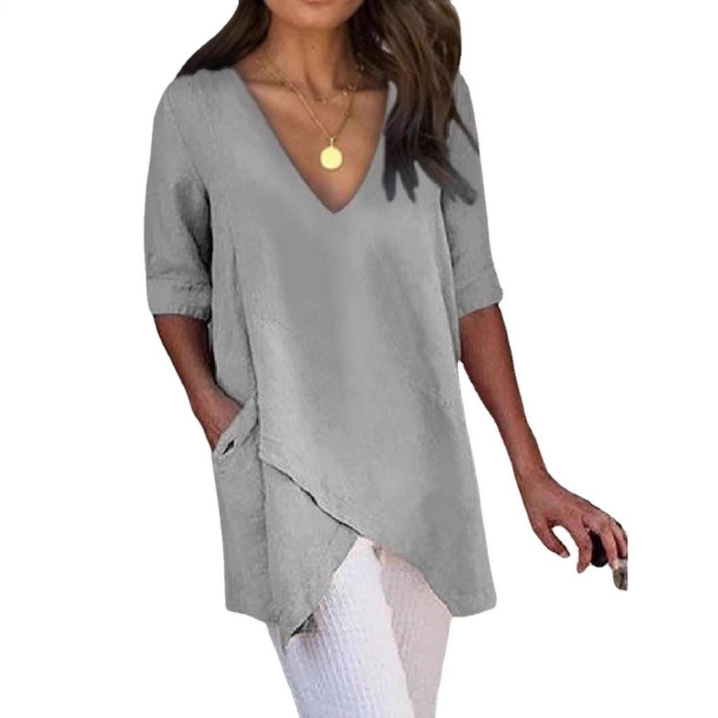 Skjorte Dame Sommer Uregelmessig Casual T-skjorte Ny V Halv Erm
