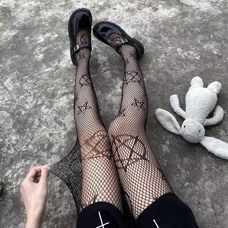 Lolita Girls Søt Pentacle Print Tights Kvinner Sexy Gothic Punk Magisk Femspiss Star Mesh Fish Net Strømpebukse Body Strømper