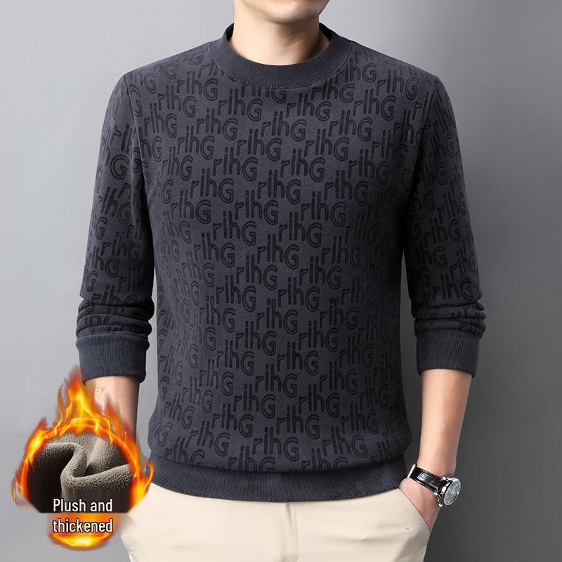 Men s Velvet Thickened Winter Hoodie, Round Neck Jacquard Base Layer Top - Casual Fashion. M