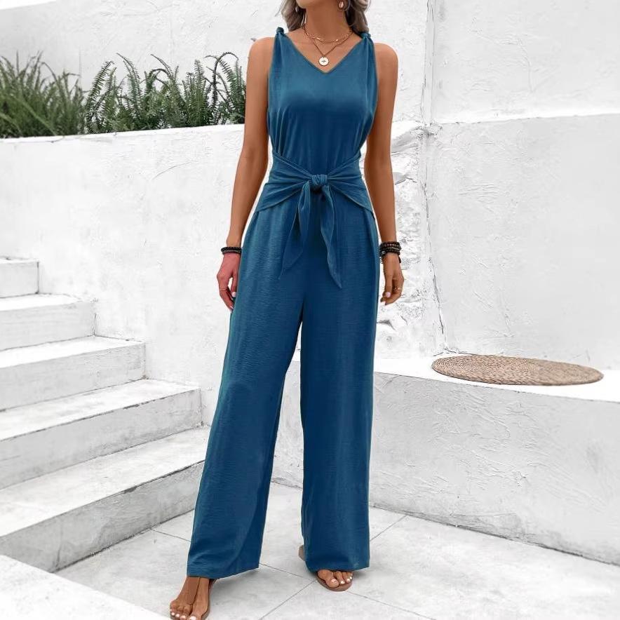 Women Sleeveless V Neck Front Tie Jumpsuit Solid Color Casual Loose Fit Summer Romper