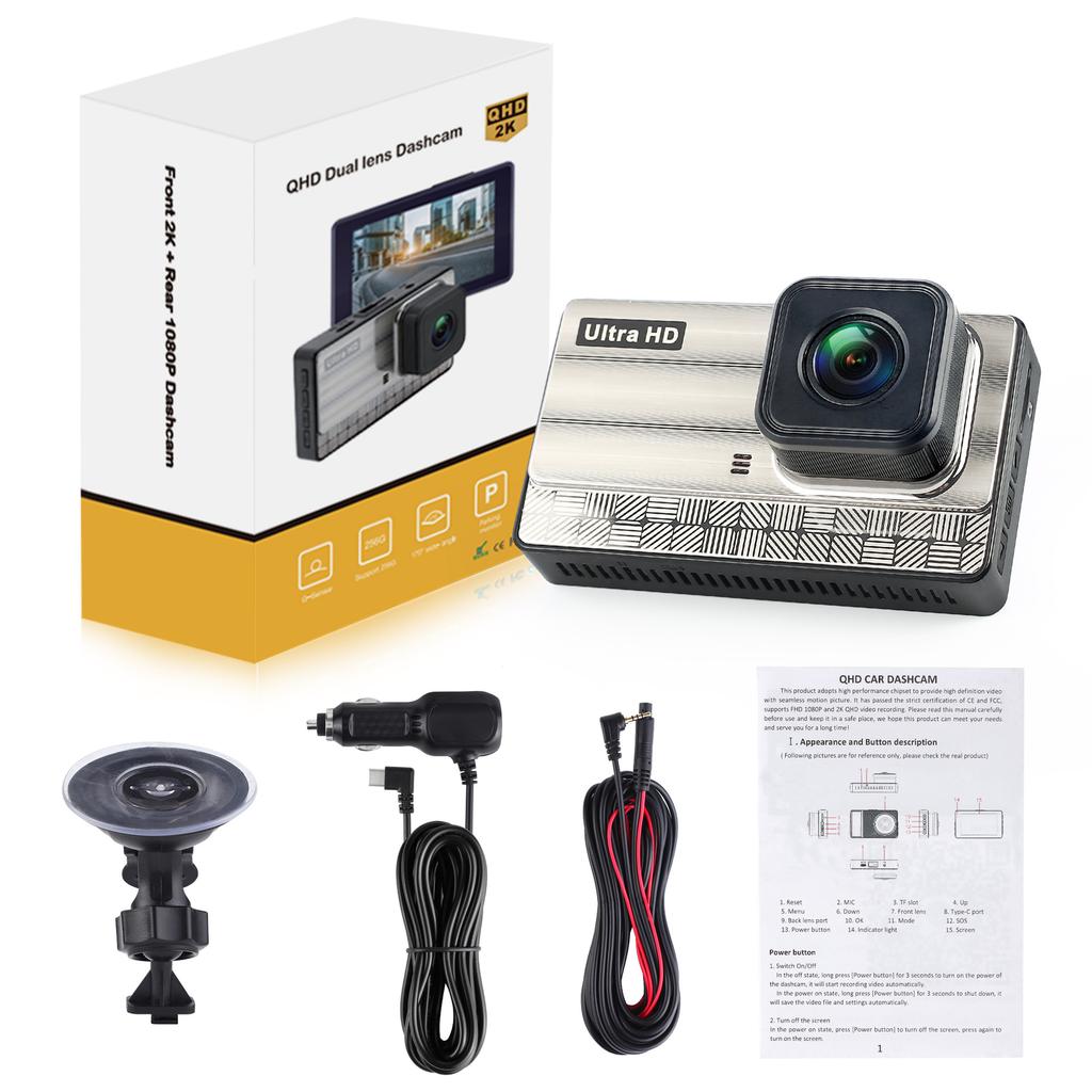 True 2K Dual Lens High-definition Night Vision 3-inch Recorder Dual Recording Car Reversing Image