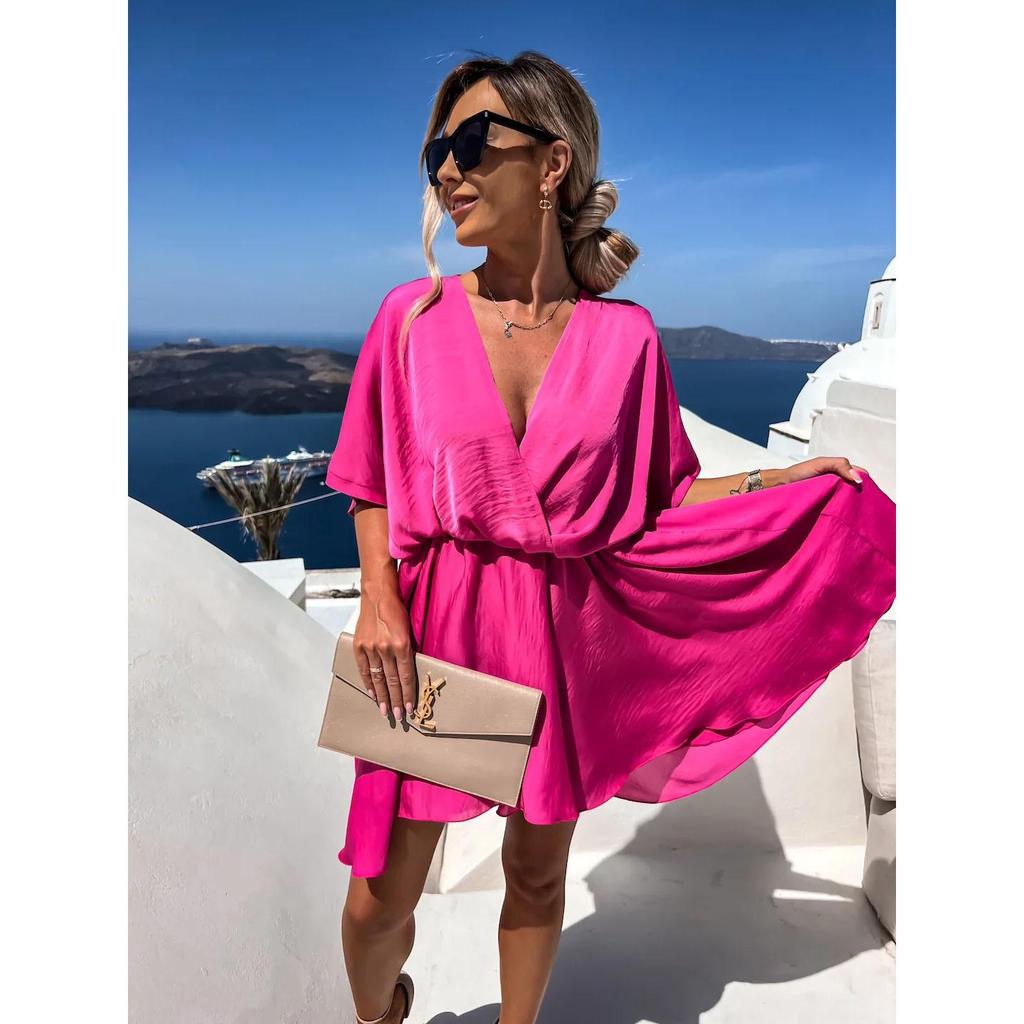 Robe d'été sexy à col en V pour femme, élégante, manches courtes, couleur unie, coupe trapèze, ample, mini, décontractée, pour la plage et les fêtes