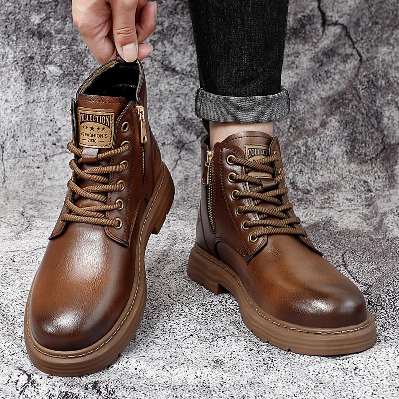 FashionGenuine Leather Mens Shoes lace up High-top Fashion Shoes Comfortable Motorcycle Boots Street Style Male Casual Ankle Boots