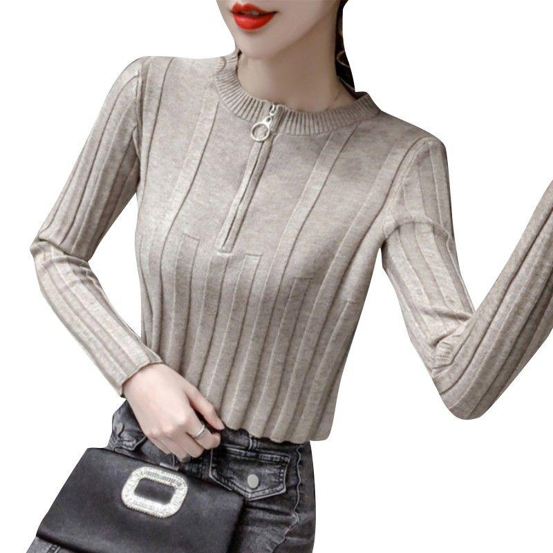 Women Spring Slim Knitwear Tops Casual Collar Long Sleeve Pullover Female Stripe Patchwork Shirt Knitted Sweater
