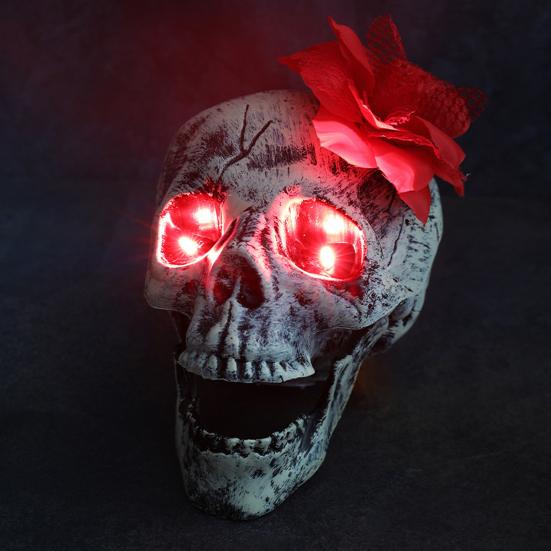 Halloween Skull Statue with Flower Plastic Small Size Human Head Bone Sculpture Collectible Skeleton Figurine for Indoor Outdoor Decor