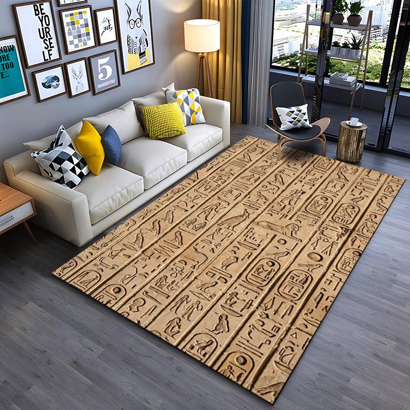 Area Rug, Ancient Egyptian Hieroglyphs Wall Carving Stone Print, Living Room Decor, Non-Slip Mat