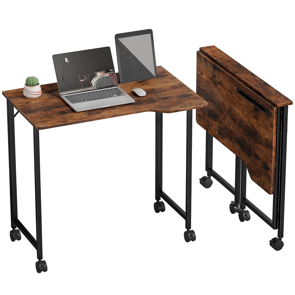 Folding Small Desk on Wheels - Rustic Brown
