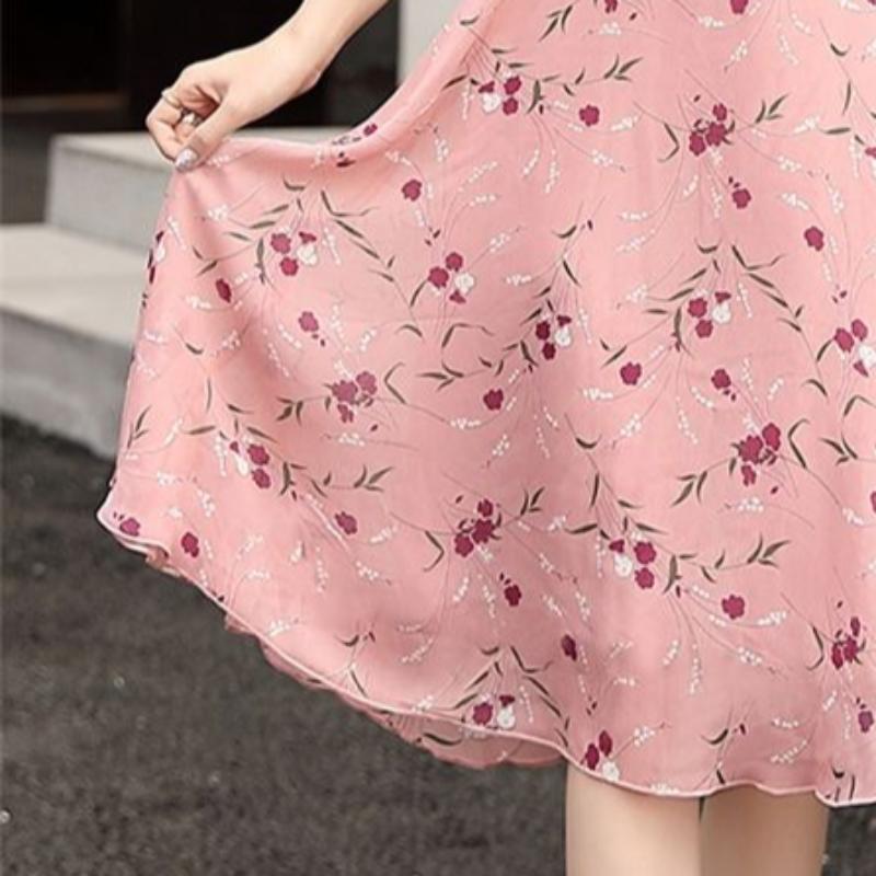 Nisje Kortermet Print Skinny Dress Søt Faux Ice Silke Small Floral Sløyfe Kjole Cummerbund Skinny Bubble Sleeve Dresses