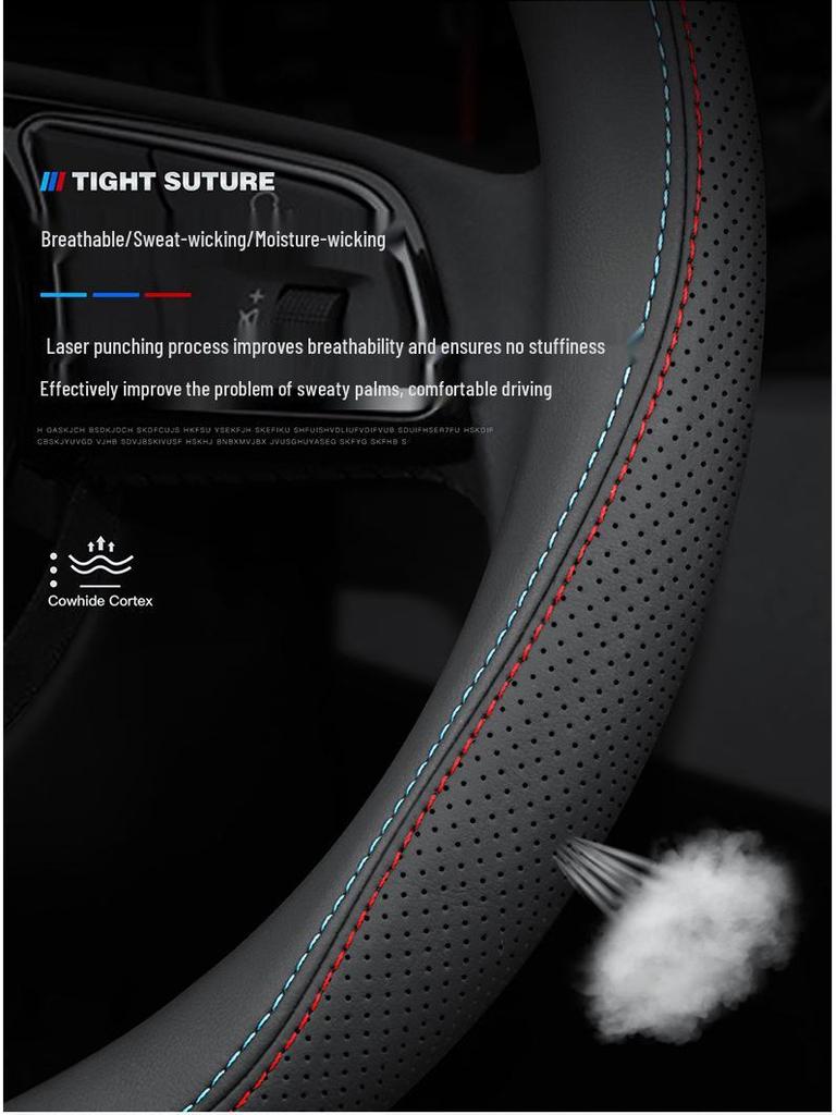 D-Shaped Genuine Leather Steering Wheel Cover: Anti-Slip, Sweat-Absorbent, Ultra-Thin, Breathable, Universal Fit for All Seasons.