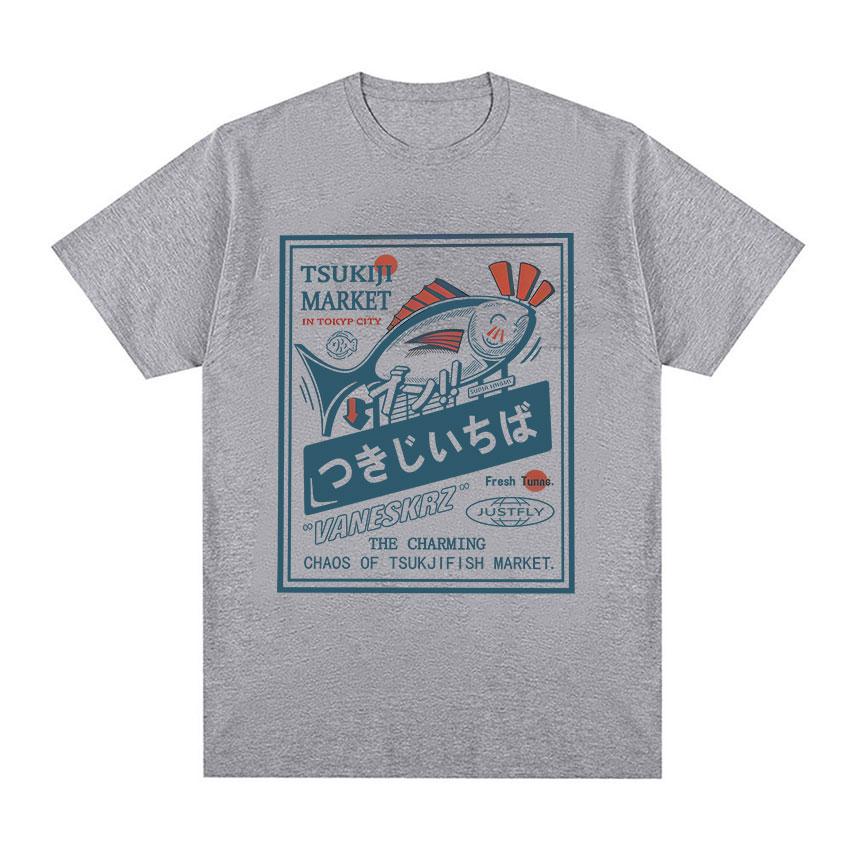 2025 Summer Japanese Tsukiji Market Fish Funny Meme Mens Women ONeck Vintage Harajuku Oversized 100 Pure Cotton Tshirt