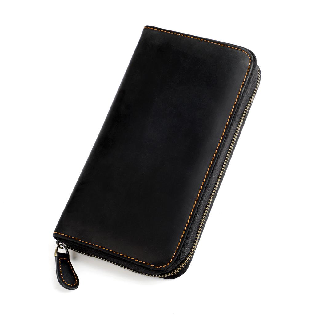 Vintage Crazy Horse Leather Men Wallet Long Zipper Card Holder Wallet