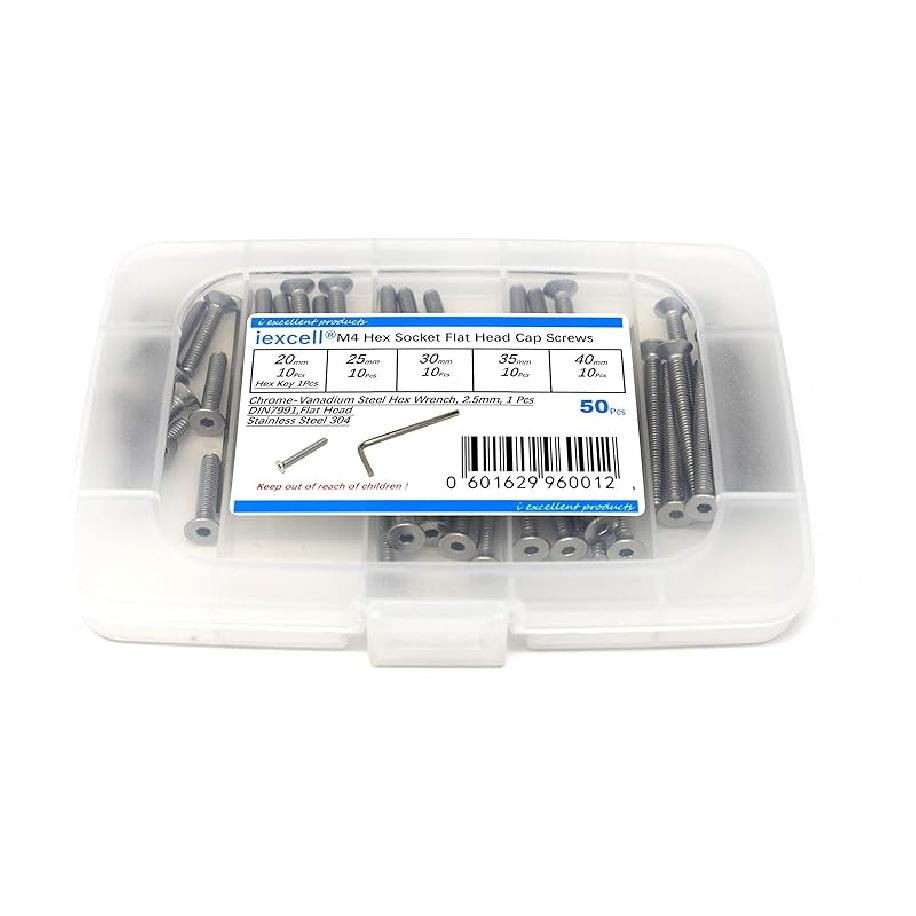 iExcell 1500 Pcs M3 x 4/6/8/10/12/16/20/25/30/35/40/45/50 Stainless Steel 304 Hex Socket Flat Head Cap Screws Blots Nuts Washers Assortment Kit