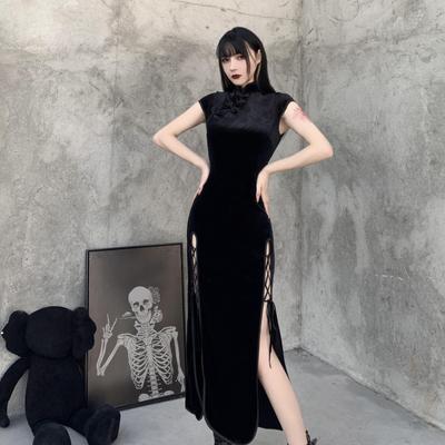 2025 Summer Black Retro Cheongsam Dress: Elegant, Slim Fit with Slits