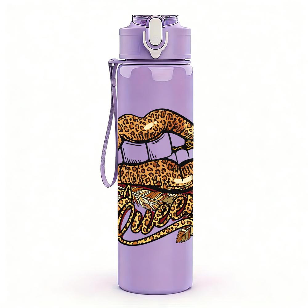 1PC Gold Metallic Lips Graphic,750ml Color Plastic Sports Water Bottle,Leakproof Flip Straw Lid,Suitable for Sports Office Home Use