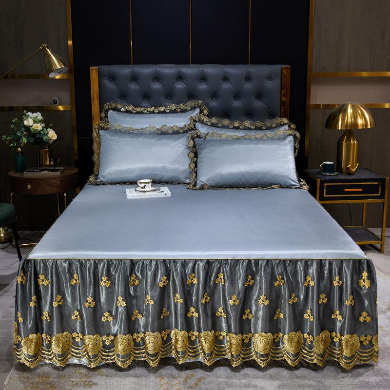 Blondertilpasset laken Luksus sengetøysett Romantisk ismatte sammenleggbare broderte laken Lin Sengetøy Queen Sengeteppe med skjørt