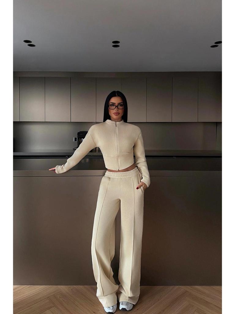European Casual Women's Sexy Zipper Cardigan & Lace-Up Pants Set - Spring/Autumn Wear