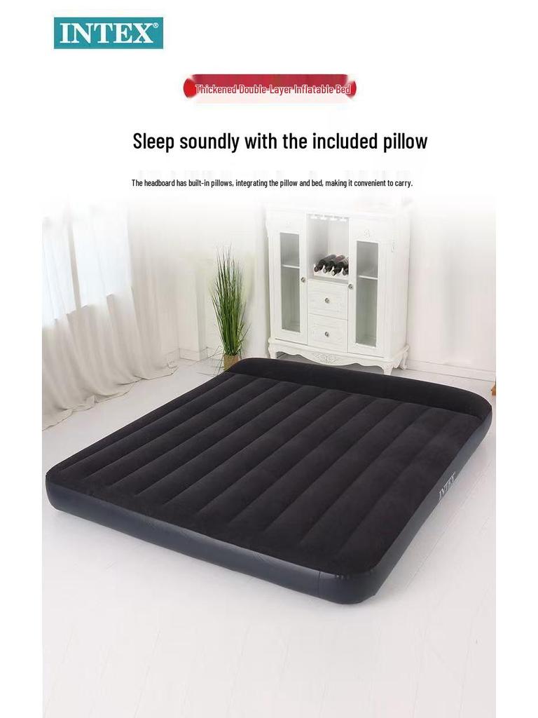 Intex Double Air Mattress with Built-in Pillow - Portable, Thickened, and Simplified Design