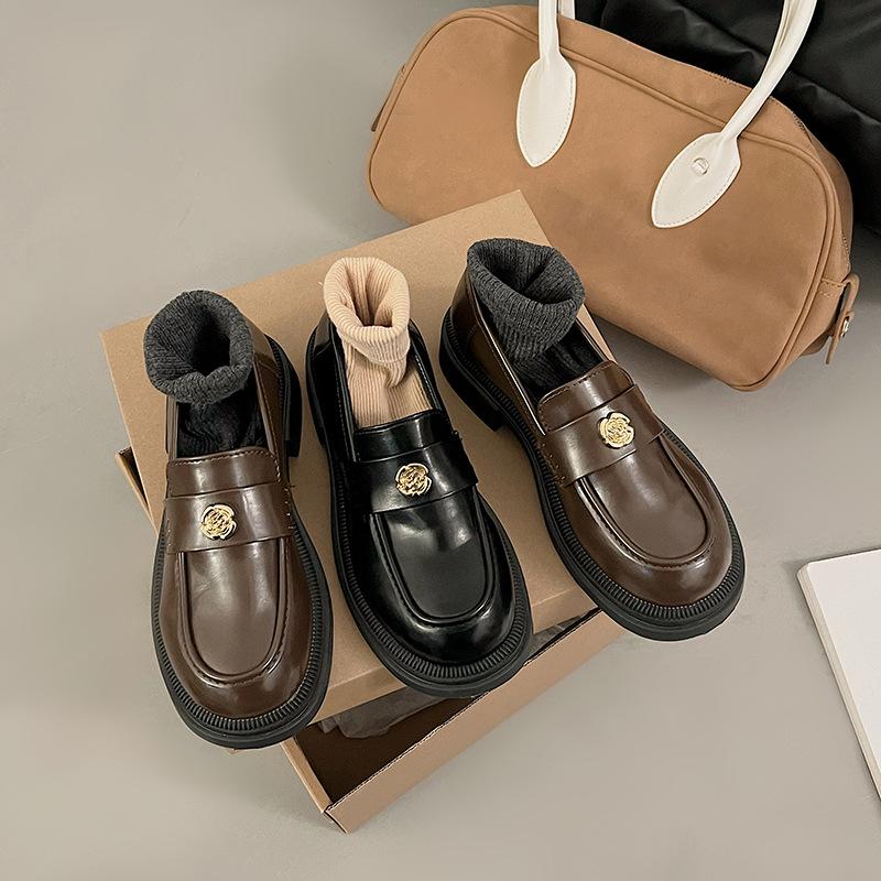 Xiaoxiangfeng British single shoes high-end sense versatile black loafers thick heel spring French small leather shoes jk women's shoes