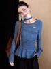 Retro Ruffled Round Neck Long Sleeve Slimming Top with 3D Details - Autumn/Winter Versatile T-Shirt