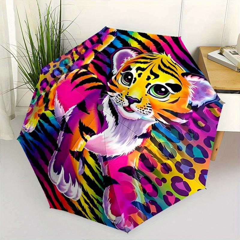 Cute Colorful Tiger Automatic Folding Cartoon Umbrella - 3 Folding Design, Vivid Cartoon Pattern, Suitable for Outdoor Activities, A Gift fo