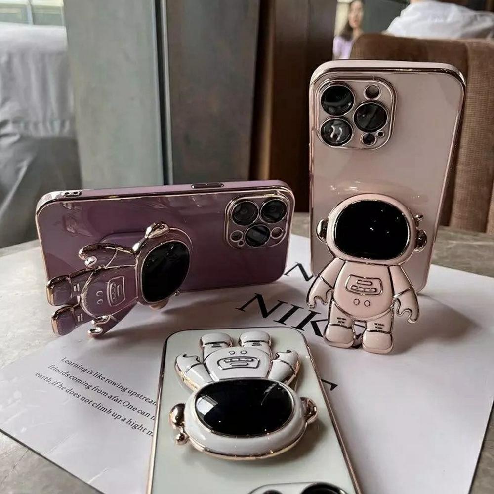 Voor iPhone 12 Pro Hoes Elektroplating Zachte TPU Telefoonhoes Astronaut Verborgen Standaard