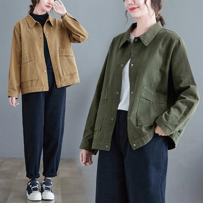 Women Casual Short Jackets Autumn Vintage Style Solid Color All-match Loose Female Cotton Outerwear Coats
