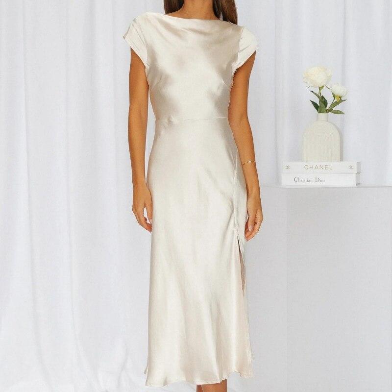 2026 Summer Womens Sexy Dress Elegant Solid Satin Swinging Neck Short Sleeve Dress Back Twisted Hollow Mid Length Dresses 28311