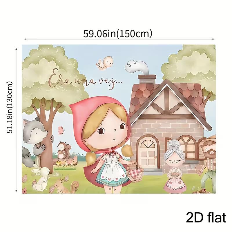 2D Watercolor Red Riding Hood Backdrop, Cute Wolf & Grandma Banner