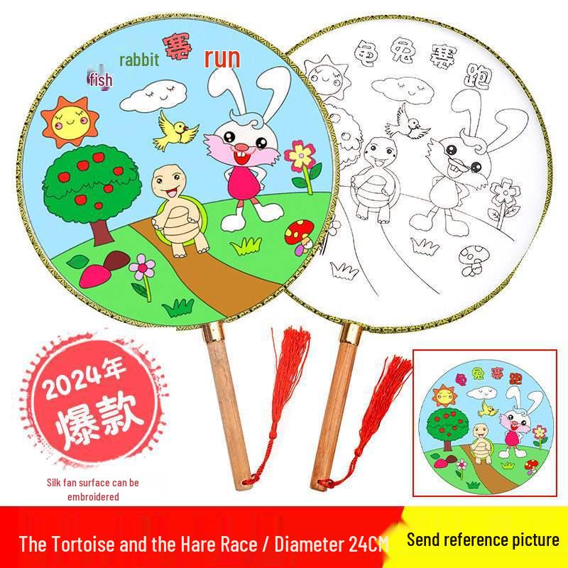 DIY Children's Silk Cloth Round Fan with Bamboo Handle - Palace Style Hand-Painted Kindergarten Craft