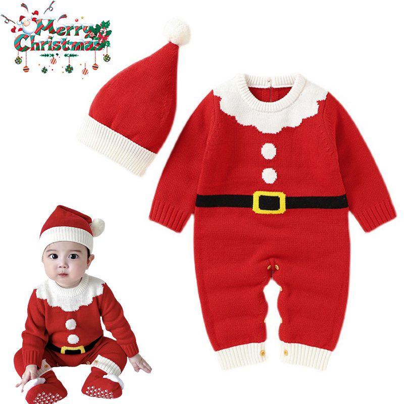 Adorable Christmas Baby Knitted Romper Jumpsuit Outfit W/ Santa Claus Sweater Hat
