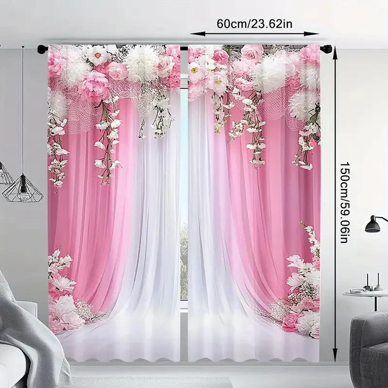 Set Of 2 Pink Floral Printed Curtains Suitable Home Decoration Bedrooms Living Rooms Curtain For Area Made Polyester