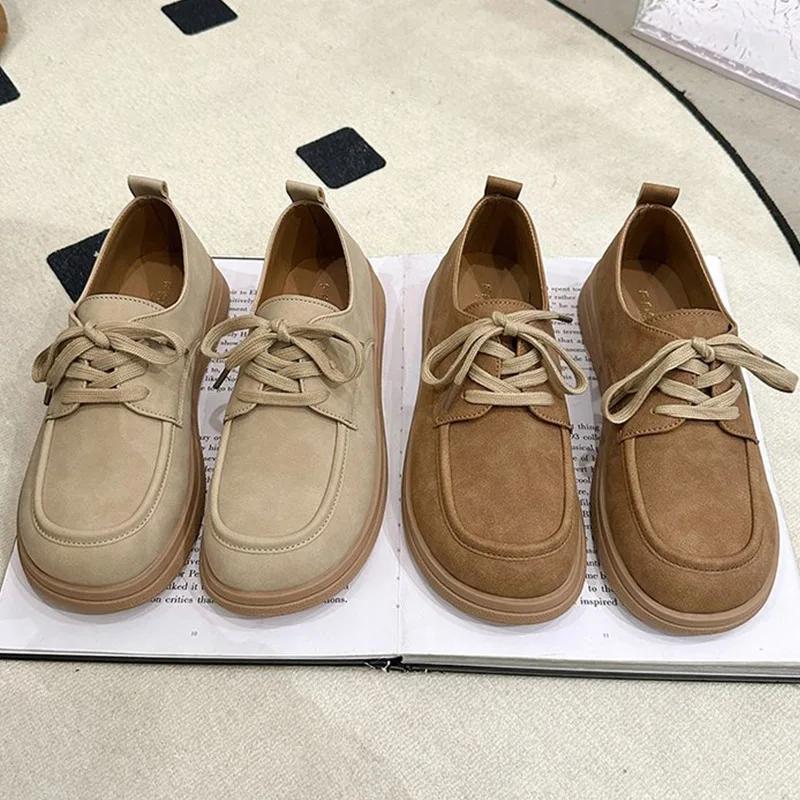 Autumn Women's Flats Shoes Soft Sole Lace-up Casual Shoes Retro Brown Loafers Spring Soft Microfiber Leather Platform Thin Shoes