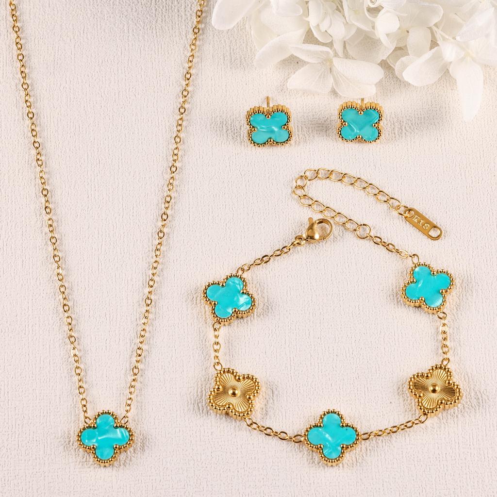 3PCS clover necklace bracelet earrings 18K gold-plated non fading light luxury fashion accessory