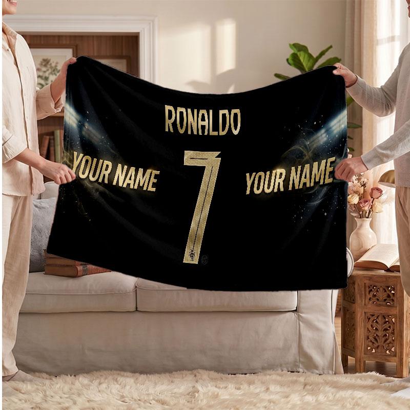 Cristiano Ronaldo Personalized Fleece Blanket With Football Logo, Custom Name Text Soft Warm Home Throw Blanket