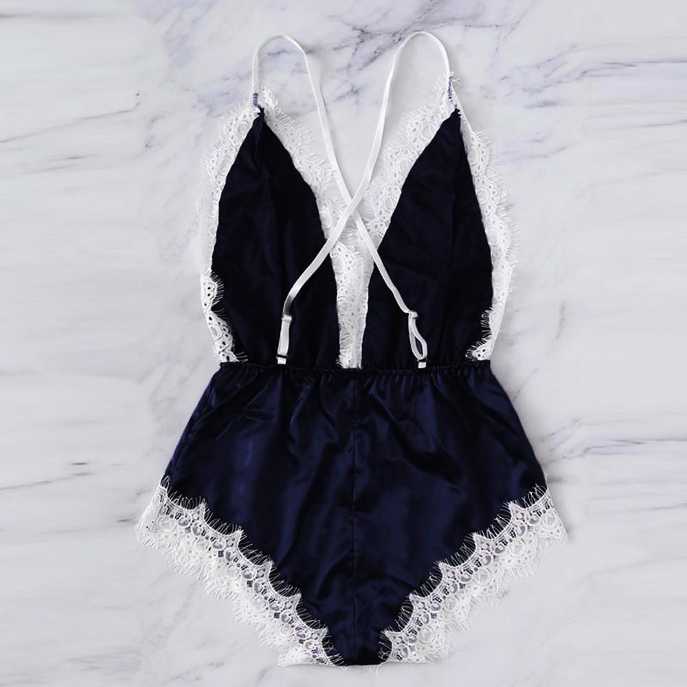 Fashion  Women Sexy Lingerie Girl V-neck Lace Splice Bodysuit Sleepwear 