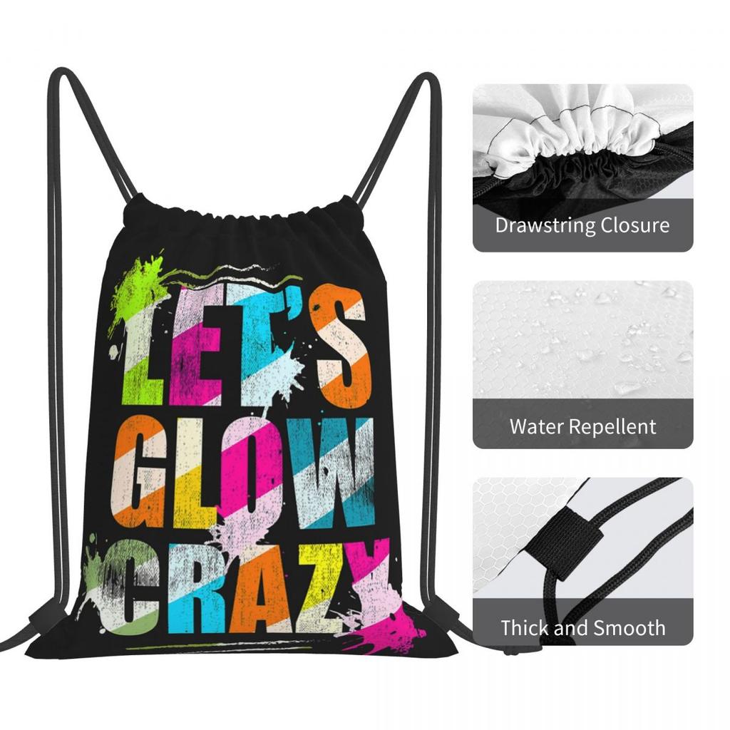 Let's Glow Crazy Neon Party Light Rave Backpacks Casual Drawstring Bags Storage Bag Book Bags for Travel Students