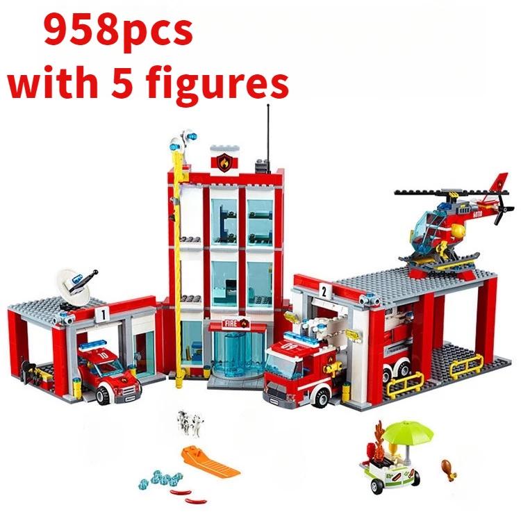 958Pcs City Fire Station Helicopter Truck Garage Firehouse Building Blocks Set Bricks Compatible 60110 Model Festival Party Gift