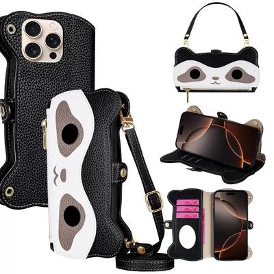 New Fashion Leather Wallet Cat Handbag Phone Case with Shoulder Strap for iPhone 16 15 14 13 12 11 Pro Max Folding Stand Case