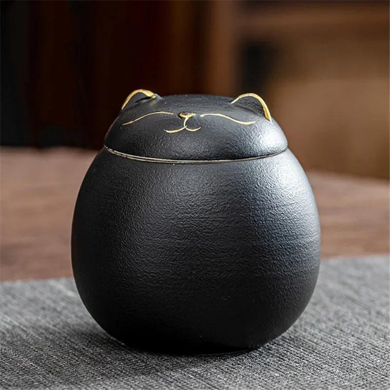 

230ML Tea Storage Jar Cute Pets Gradient Color Ceramics Jar Cat Tea Can Moisture Proof Household for Candy Sealed Storage Box чорний