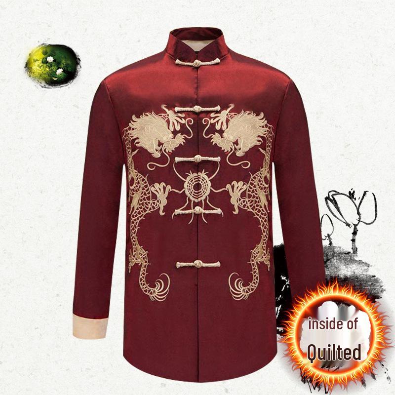 Embroidered Gold Double Dragon Tang Suit Men's Long-Sleeve Stand-Collar Outerwear