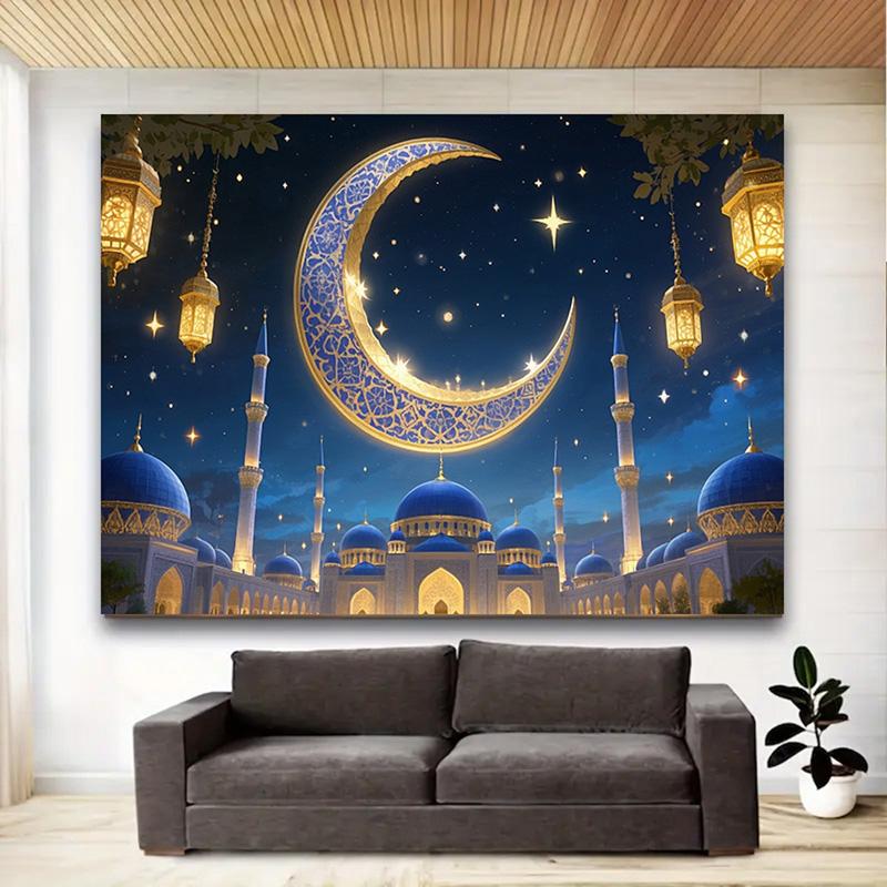 Romantic Starry Sky Theme,EID Al Adha Background Cloth with Crescent Moon,Mosque,Lantern Design,Festive Party Celebrations